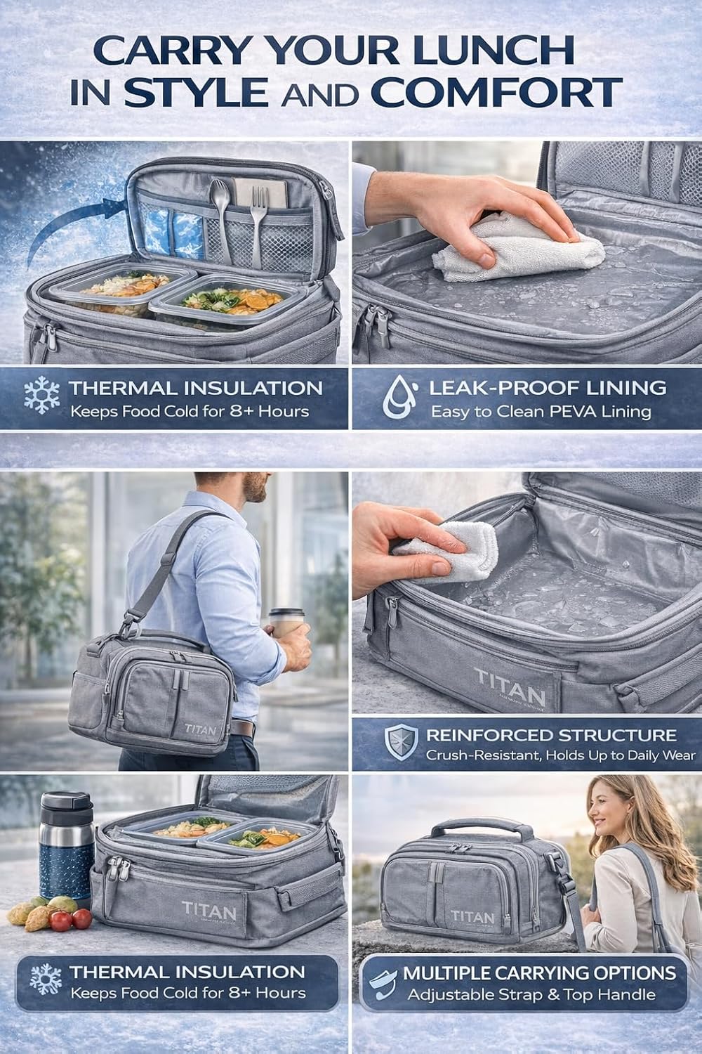 Titan by Arctic Zone Expandable Lunch Box – Insulated, Crush-Resistant Cooler with 2 Ice Walls & Leak-Proof Lining – Meal Prep Bag with Strap & Container for Work & Travel | Black (Pale Frost)