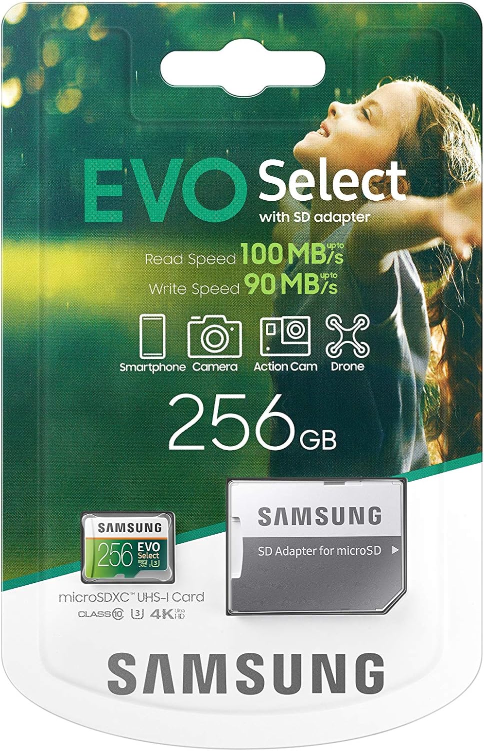 SAMSUNG ELECTRONICS EVO Select 256GB MicroSDXC UHS-I U3 100MB/s Full HD & 4K UHD Memory Card with Adapter (MB-ME256HA)