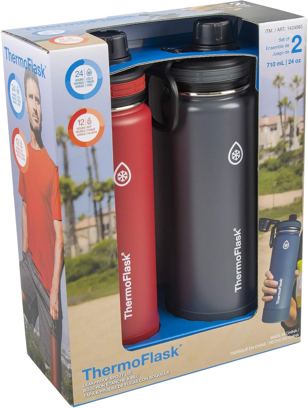 ThermoFlask Bottle with Spout Lid - Stainless Steel Water Bottles with Double-Wall Insulation & BPA-Free Spout Lids - Leak-Proof Reusable Bottles & Lids - 24 oz, Firecracker / Shadow (2 Pack)
