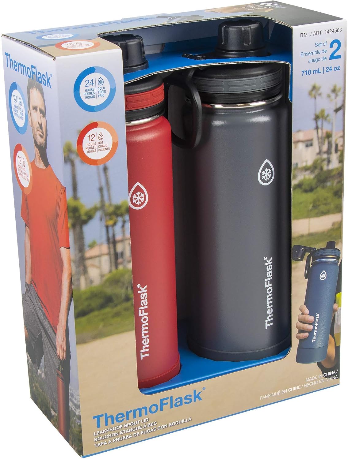 ThermoFlask Bottle with Spout Lid - Stainless Steel Water Bottles with Double-Wall Insulation & BPA-Free Spout Lids - Leak-Proof Reusable Bottles & Lids - 24 oz, Firecracker / Shadow (2 Pack)