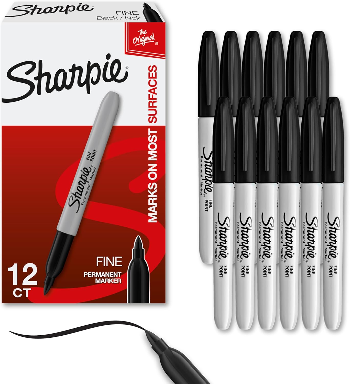 Sharpie Permanent Markers, Fine Tip, Black, 12 Count - Quick Drying, Fade Resistant, For Wood, Plastic, Paper, Metal, And More