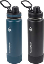 ThermoFlask Stainless Steel Water Bottles 2-Pack - Double-Wall Vacuum Insulated 24 oz BPA-Free Spout Lids - Keeps Drinks Cold 24 Hrs, Hot 12 Hrs - Leakproof, Dishwasher Safe, Mayan Blue/Black