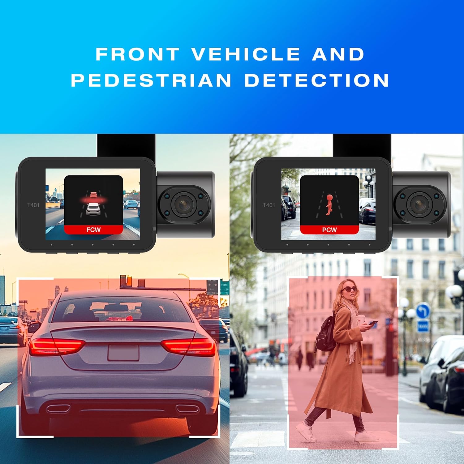 Type S T401 4K Dual View Dash Cam with AI Driver Assistance and in-Car Surveillance Camera, AI-Powered Lane, Car, Pedestrian Recognition