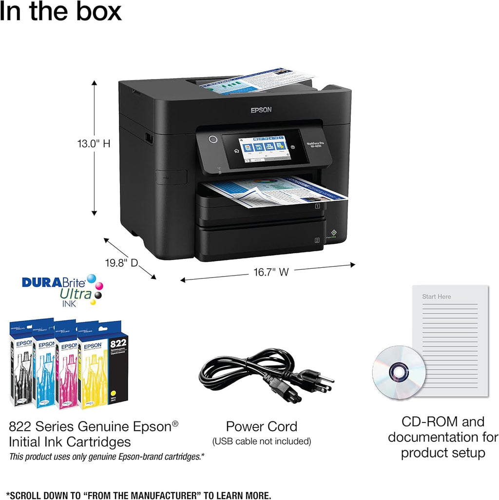Epson Workforce Pro WF-4830 Wireless All-in-One Printer, Auto 2-Sided Print Copy, Scan/Fax, 50-Page ADF, 500-sheet Paper Capacity, and 4.3" Color Touchscreen, Works with Alexa - Black