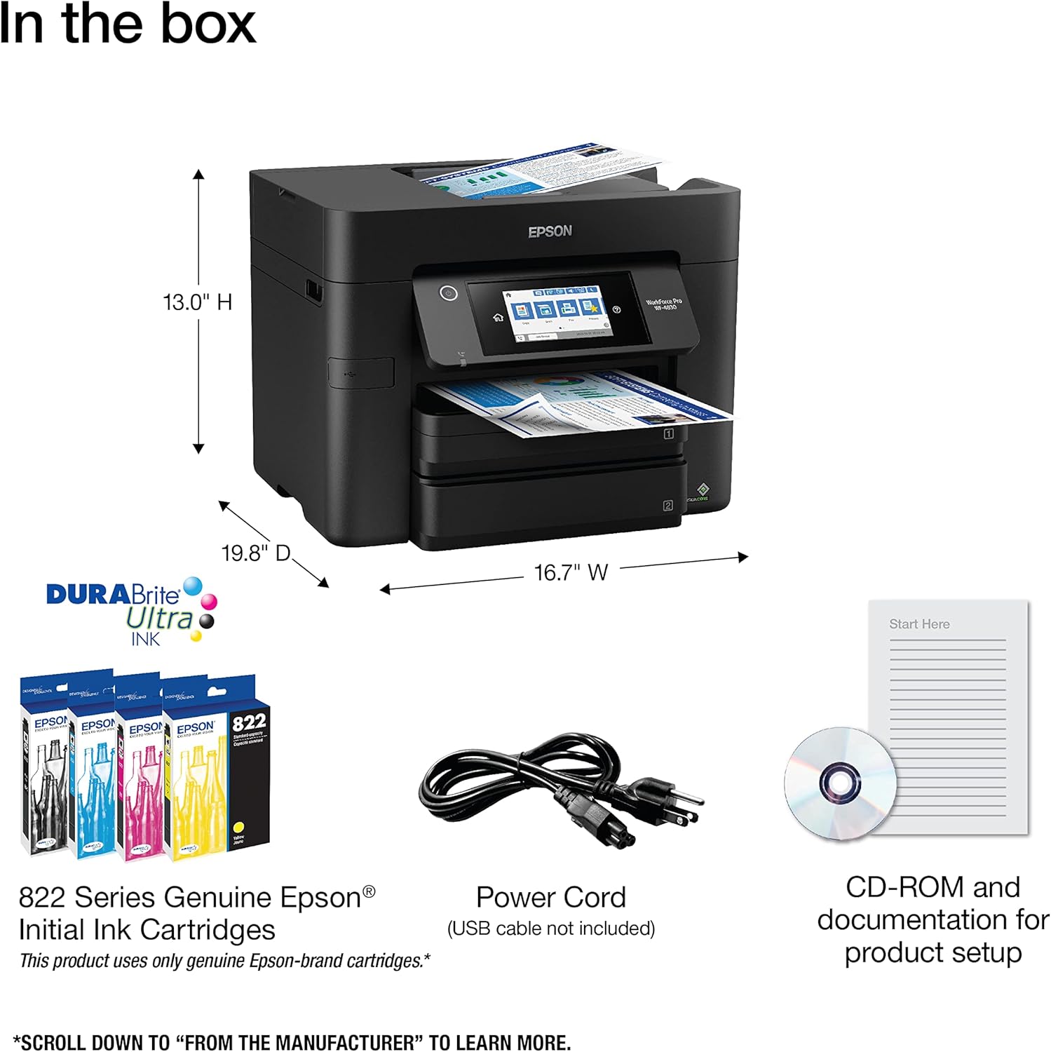 Epson Workforce Pro WF-4830 Wireless All-in-One Printer, Auto 2-Sided Print Copy, Scan/Fax, 50-Page ADF, 500-sheet Paper Capacity, and 4.3" Color Touchscreen, Works with Alexa - Black