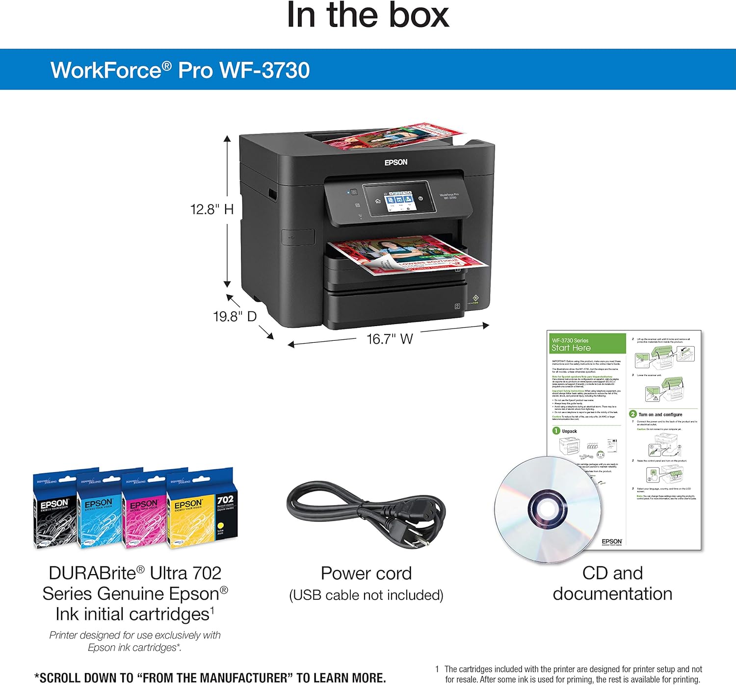 Epson Workforce Pro WF-3730 All-in-One Wireless Color Printer with Copier, Scanner, Fax and Wi-Fi Direct,Black,10-1/2 x 7-1/2 x 6-1/2 in
