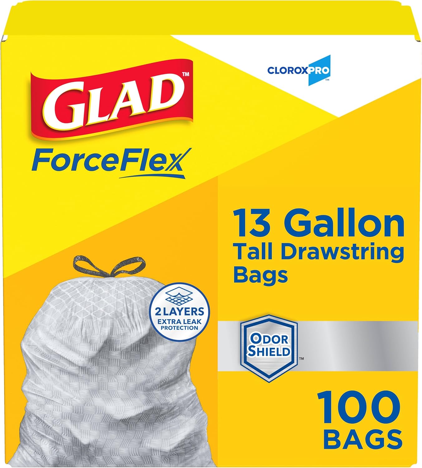 CloroxPro Glad ForceFlex 13 Gallon Tall Kitchen Drawstring Trash Bags, 100 Ct (Package May Vary)