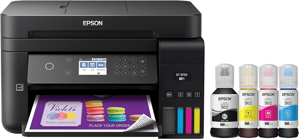 Epson Workforce ET-3750 EcoTank Wireless Color All-in-One Supertank Printer with Scanner, Copier and Ethernet