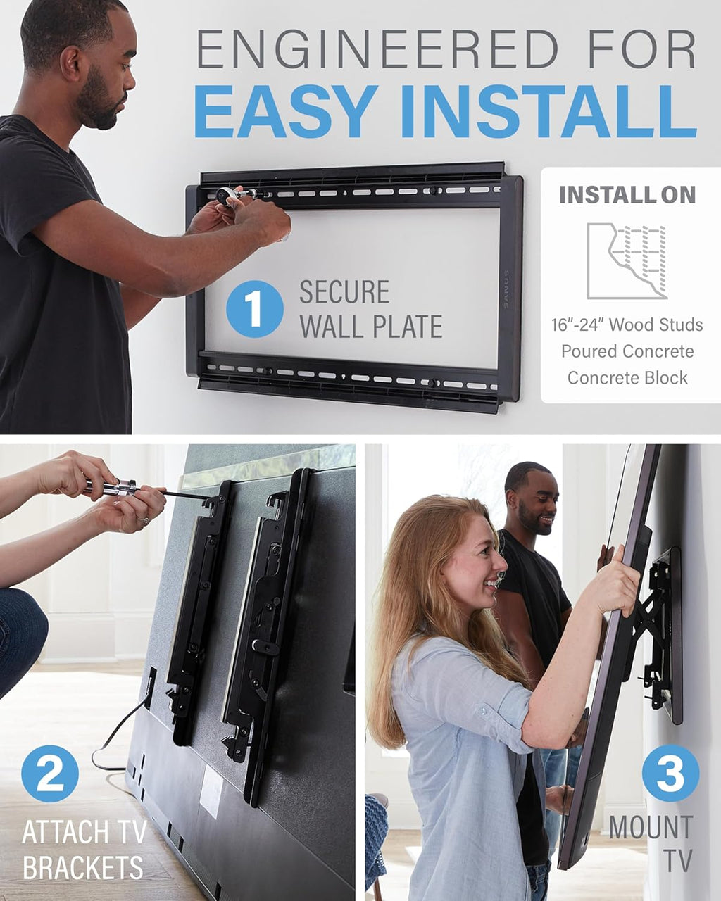 SANUS Preferred Extendable Tilt TV Wall Mount for 42 to 90 inch Screens up to 150lbs - 5.7” Extension Provides Max 12 deg Tilt to Reduce Glare - Easy DIY Install w/Included Hardware - SLT4-B1