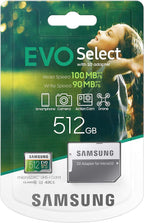 SAMSUNG EVO Select Micro SD Memory Card with Adapter, 512GB microSDXC UHS-I U3 100MB/s Full HD & 4K UHD for Photos, Videos, Music Storage, MB-ME512HA