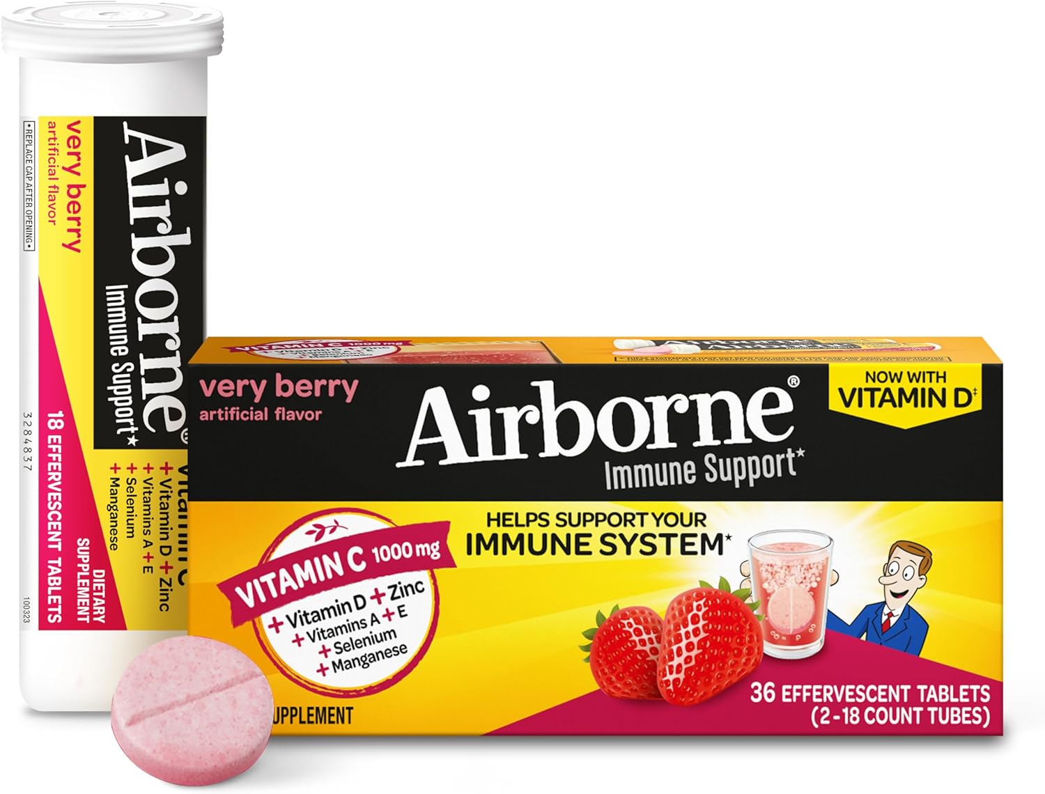 Vitamin C 1000mg (per serving) - Airborne Very Berry Effervescent Tablets (36 count in a box), Gluten-Free Immune Support Supplement, With Vitamins A C E, ZINC, Selenium, Echinacea & Ginger