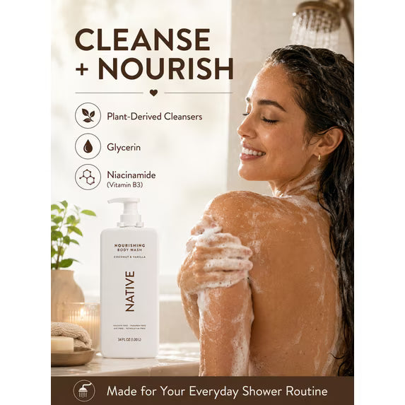 Native Nourishing Body Wash, Coconut & Vanilla, Sulfate Free & Paraben Free, 34 fl oz, 2 Pack (68 fl oz Total)