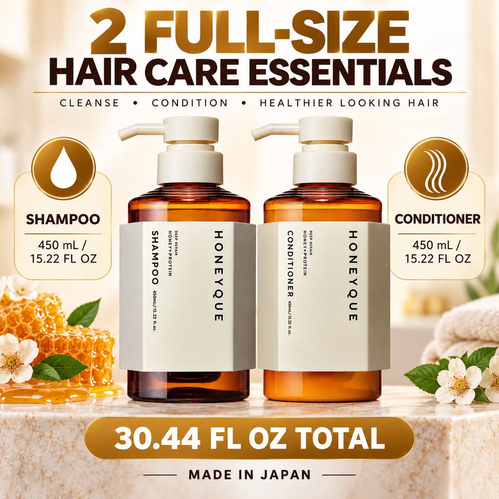 HONEYQUEs Japanese Salon-Quality Sulfate-Free, Frizz Control, Hydrating for Dry Damaged Hair Deep Repair Honey Collogen Moist Shampoo & Conditioner Set (450ml / 15.2 fl oz Each)