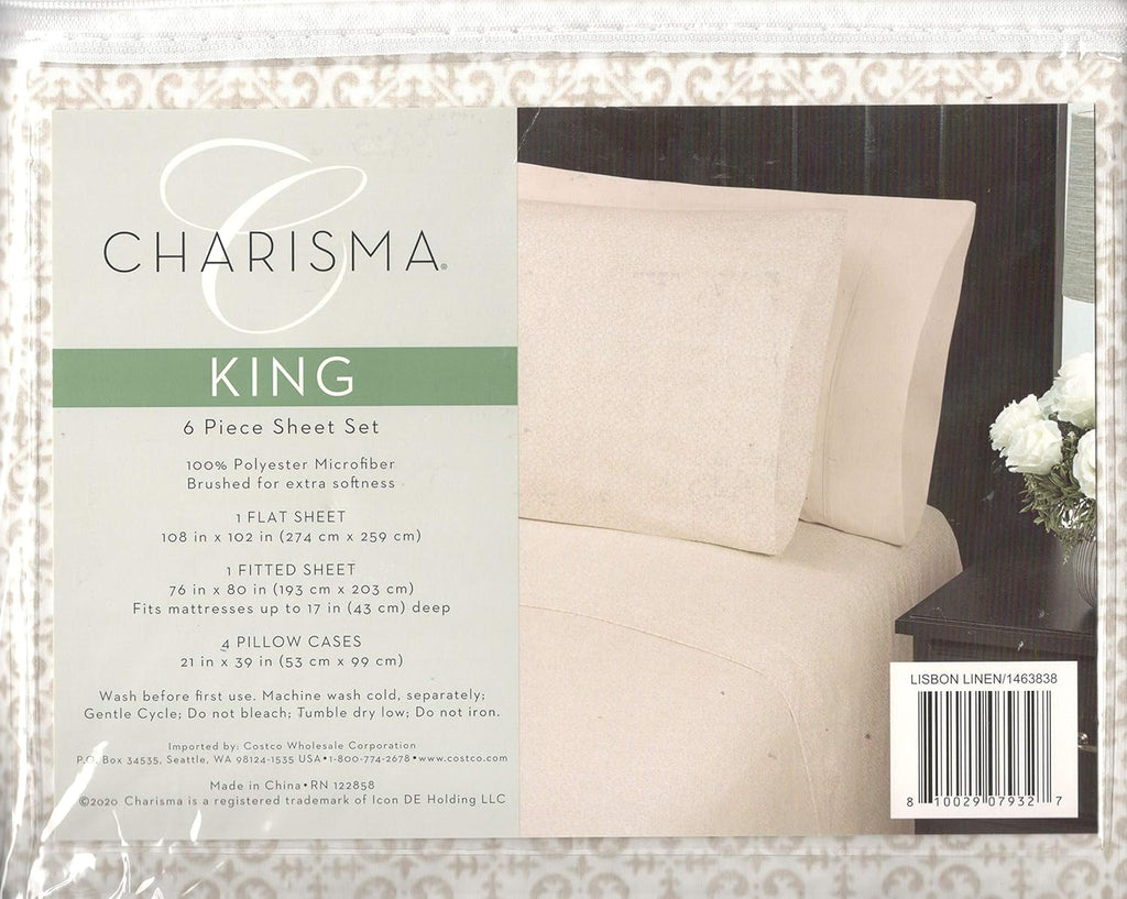 Charisma Microfiber King 6-Piece Sheet Set Lisbon Linen Brushed for Extra Softness