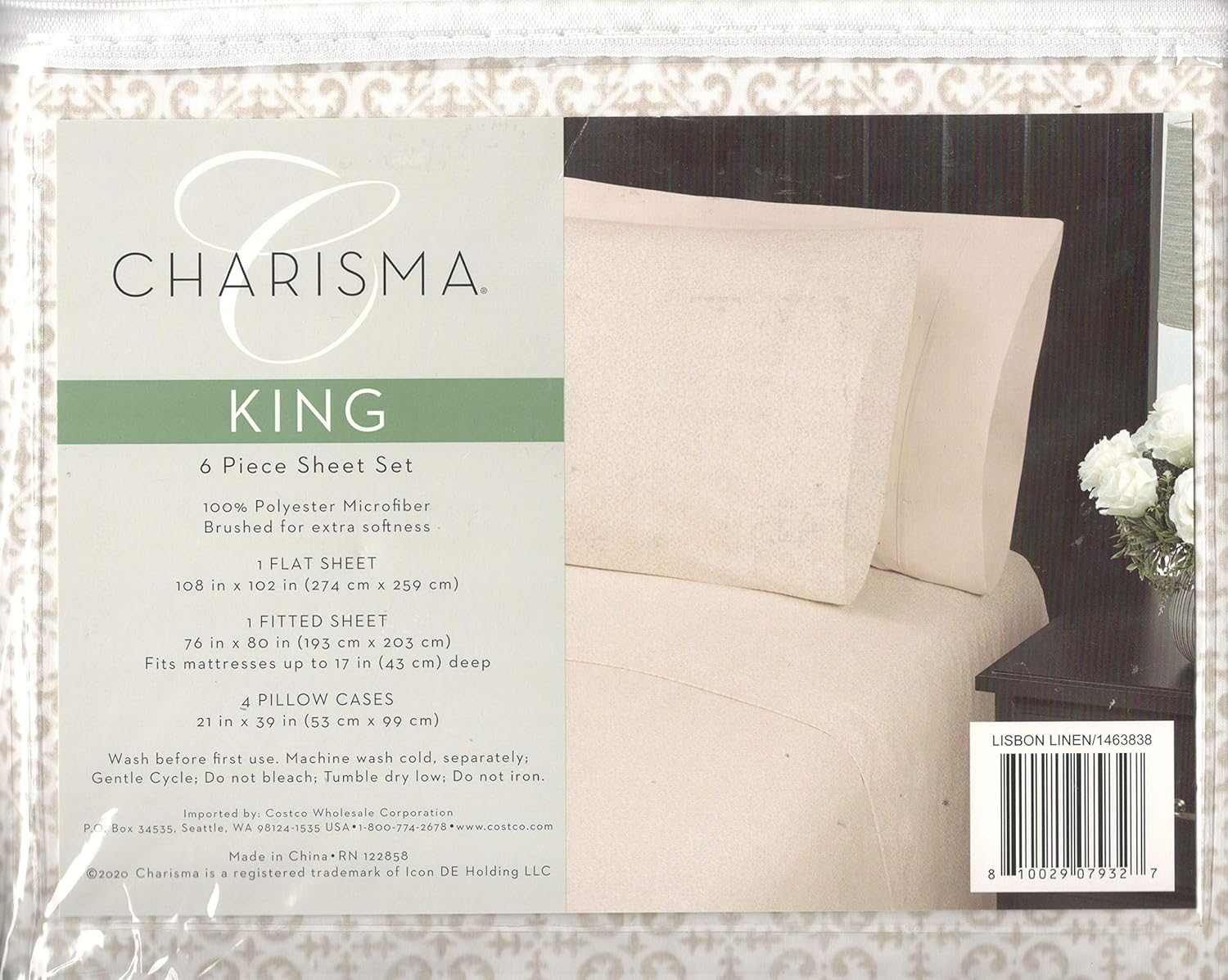 Charisma Microfiber King 6-Piece Sheet Set Lisbon Linen Brushed for Extra Softness