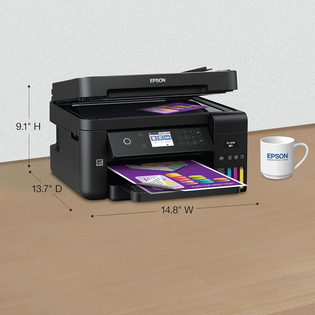Epson Workforce ET-3750 EcoTank Wireless Color All-in-One Supertank Printer with Scanner, Copier and Ethernet