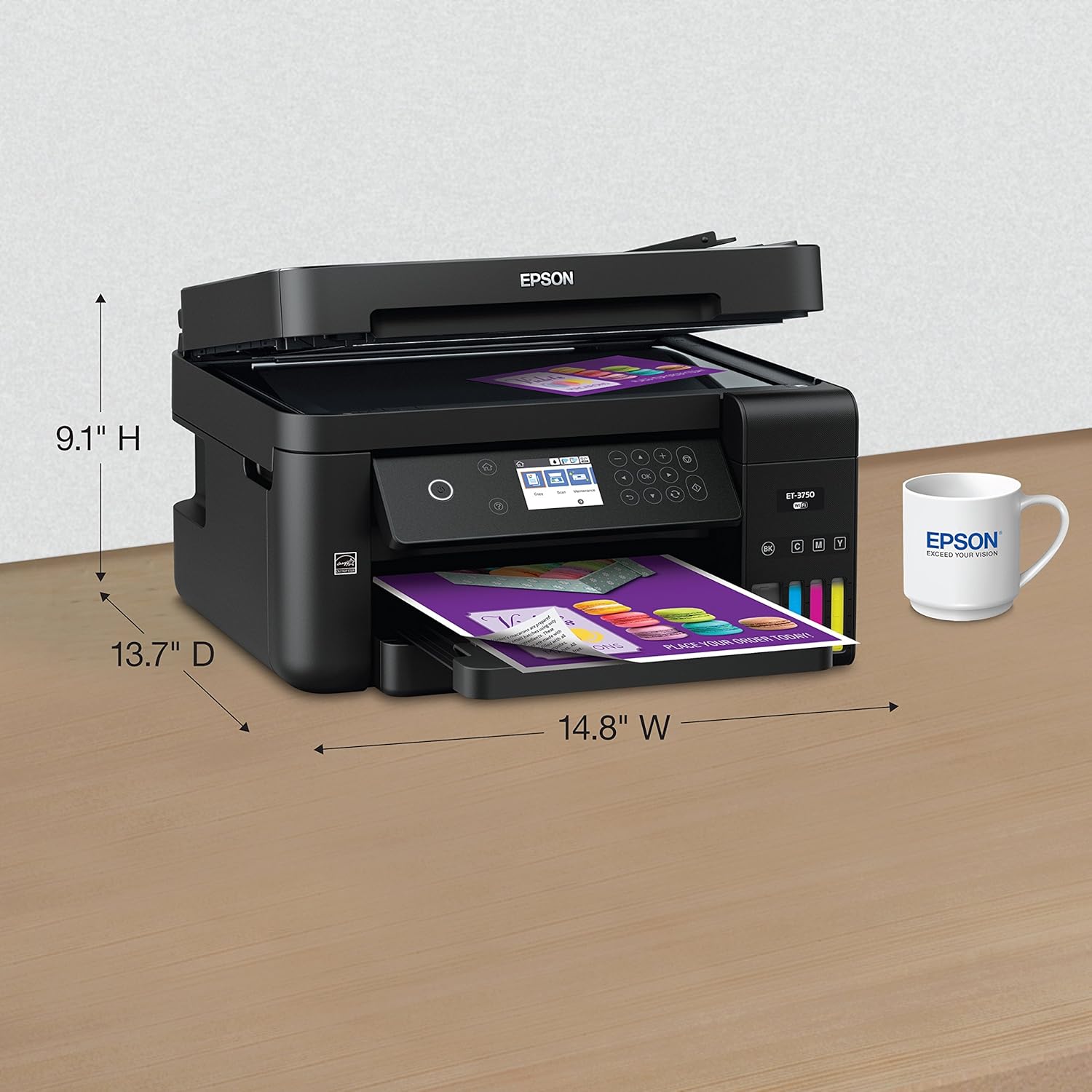 Epson Workforce ET-3750 EcoTank Wireless Color All-in-One Supertank Printer with Scanner, Copier and Ethernet