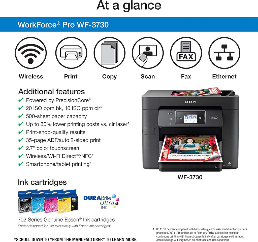 Epson Workforce Pro WF-3730 All-in-One Wireless Color Printer with Copier, Scanner, Fax and Wi-Fi Direct,Black,10-1/2 x 7-1/2 x 6-1/2 in