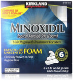 Kirkland Signature Minoxidil Topical Aerosol foam packaging for hair regrowth treatment.
