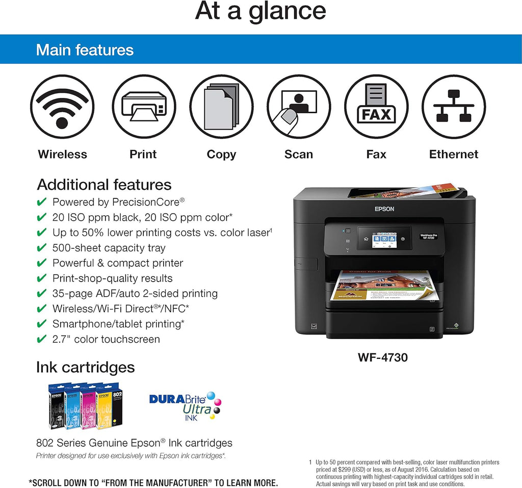 Epson WorkForce Pro WF-4730 Wireless All-in-One Color Inkjet Printer, Copier, Scanner with Wi-Fi Direct, Amazon Dash Replenishment Ready