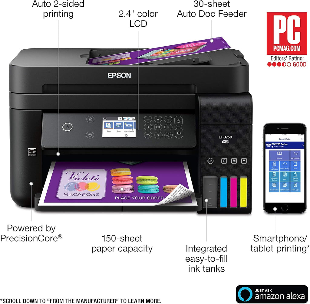 Epson Workforce ET-3750 EcoTank Wireless Color All-in-One Supertank Printer with Scanner, Copier and Ethernet