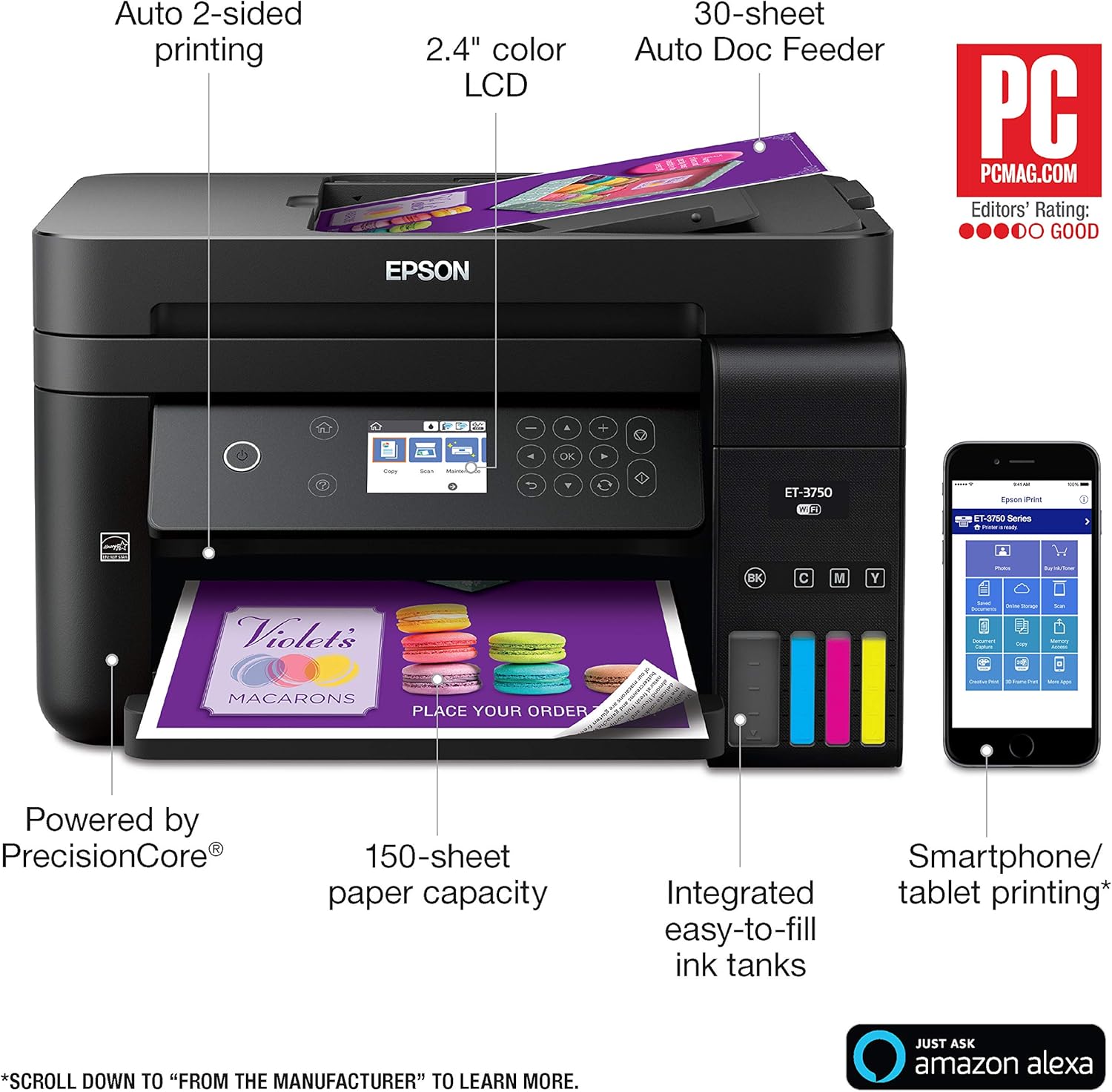 Epson Workforce ET-3750 EcoTank Wireless Color All-in-One Supertank Printer with Scanner, Copier and Ethernet