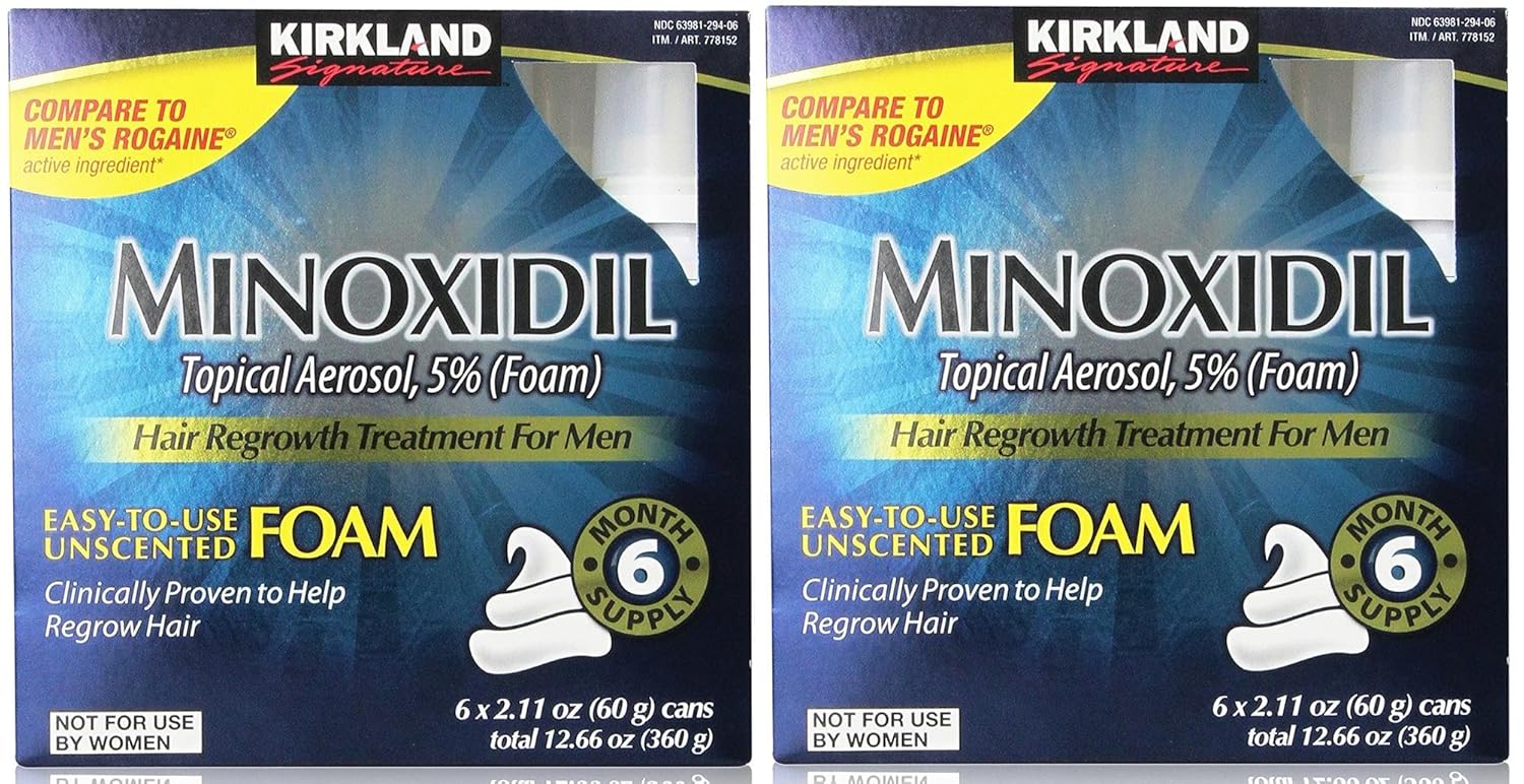 Two boxes of Kirkland Minoxidil Topical Aerosol Foam for men on a white background.