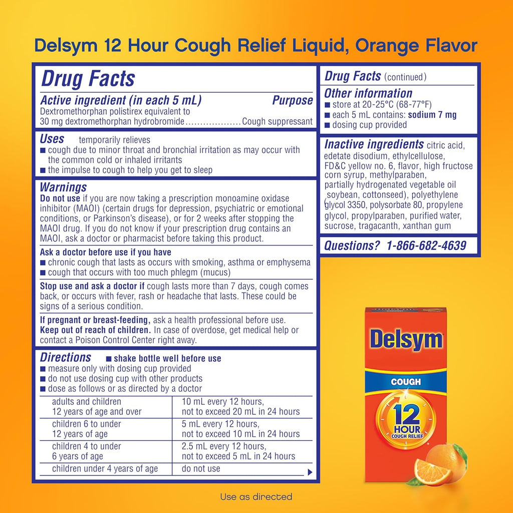 Delsym 12 Hour Cough Medicine for Adults, Powerful Relief for 12 Hours, Cough Suppressant Liquid with Extended-Release Dextromethorphan, Orange Flavor Liquid Cough Syrup, 5 Fl Oz (Pack of 1)