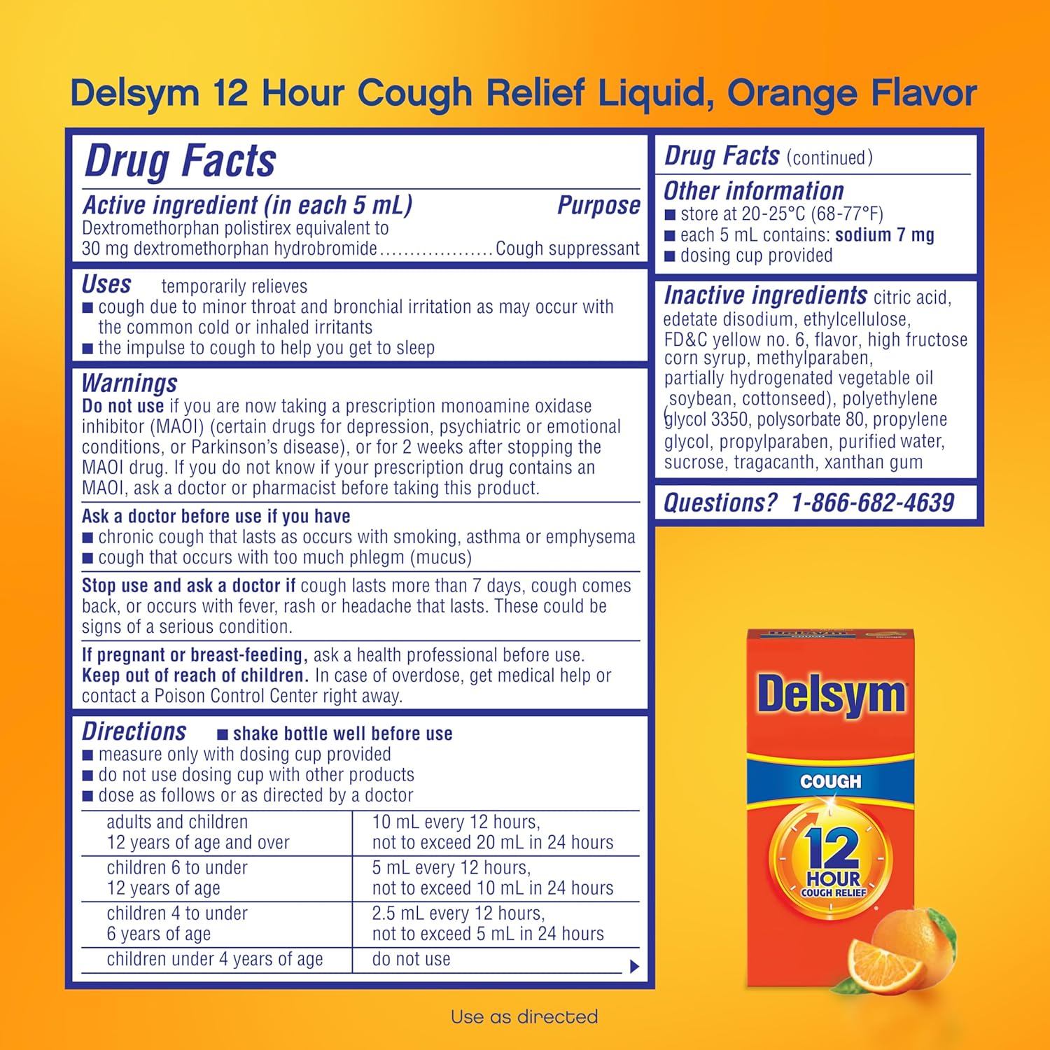 Delsym 12 Hour Cough Medicine for Adults, Powerful Relief for 12 Hours, Cough Suppressant Liquid with Extended-Release Dextromethorphan, Orange Flavor Liquid Cough Syrup, 5 Fl Oz (Pack of 1)