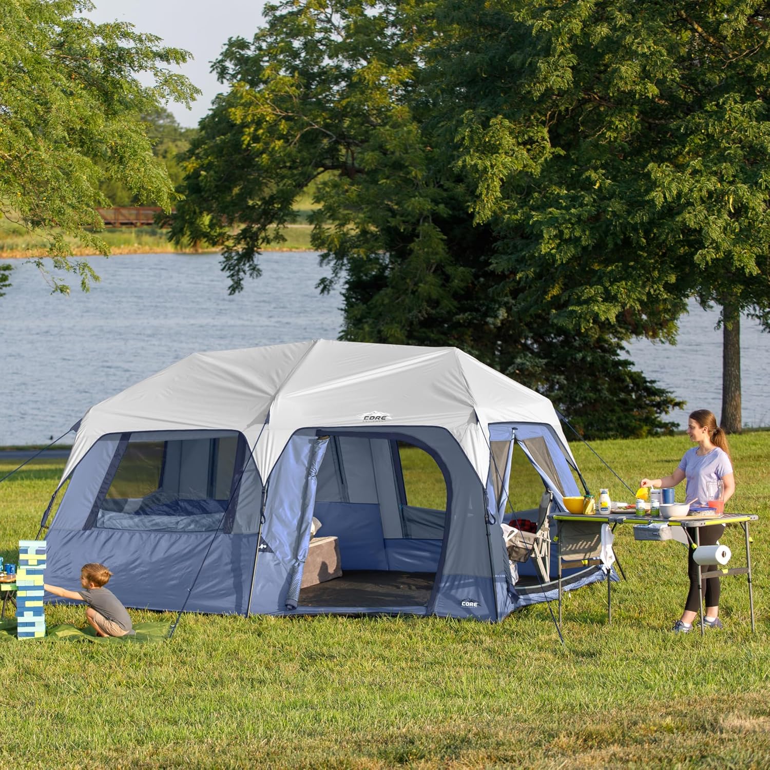 CORE 10 Person Instant Cabin Tent | Large Multi Room Family Pop Up Tent for 2 Minute Camp Setup | Included Storage Pockets for Camping Accessories