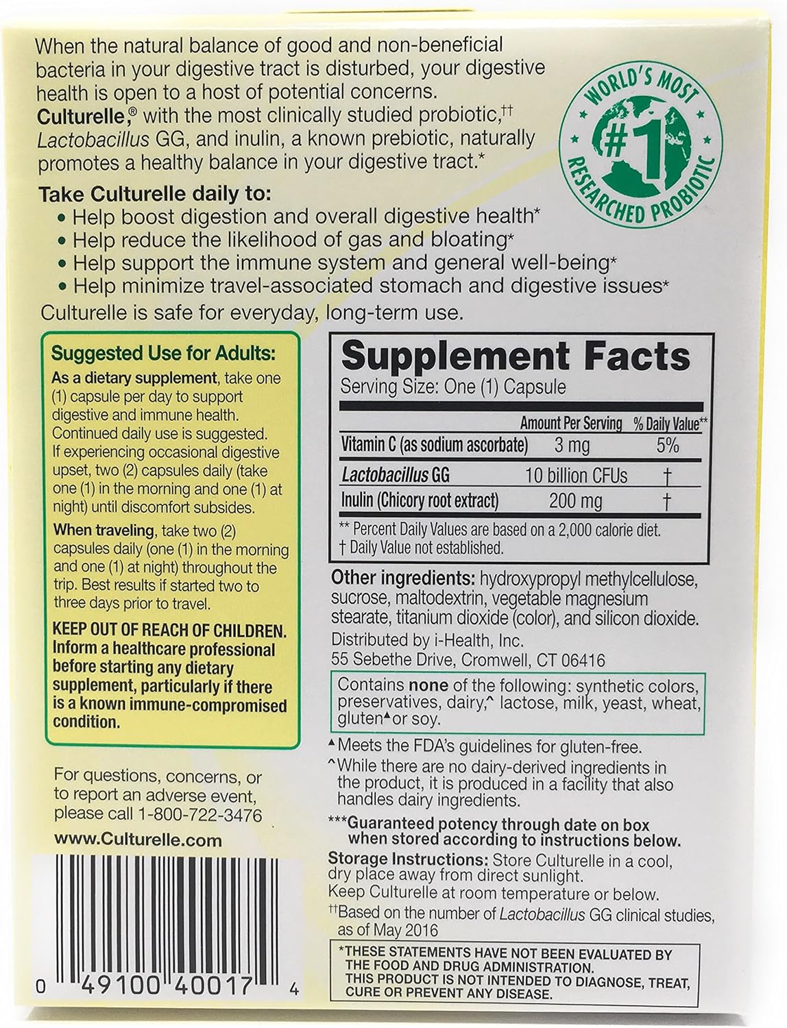 Supplement label for Culturelle with text and graphics on a white background