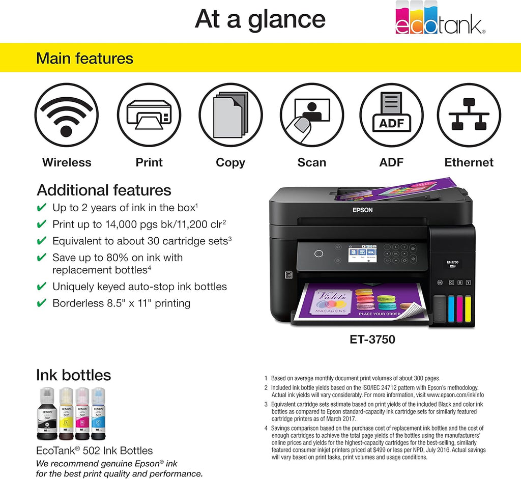Epson Workforce ET-3750 EcoTank Wireless Color All-in-One Supertank Printer with Scanner, Copier and Ethernet