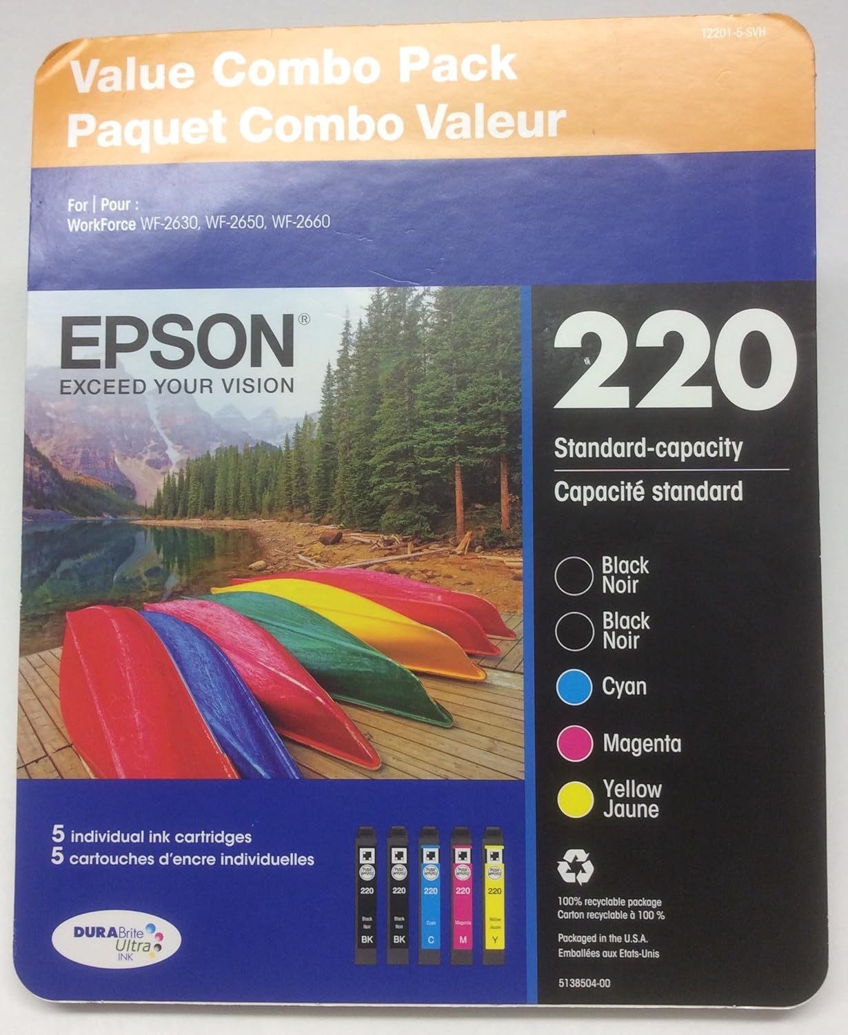 EPSON 220 Value Combo Pack ~ 2 Black, 1 Cyan, 1 Magenta, 1 Yellow Ink Cartridges
