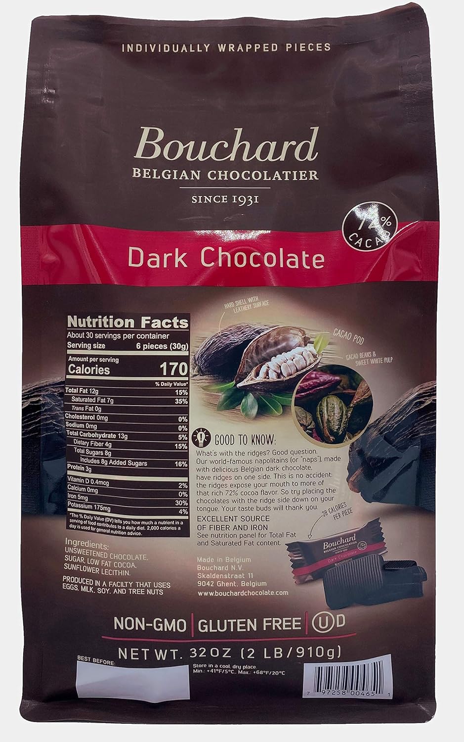 Bouchard Premium Belgian Dark Chocolate with 72% Cacao | Individually Wrapped Pieces (2 LB)