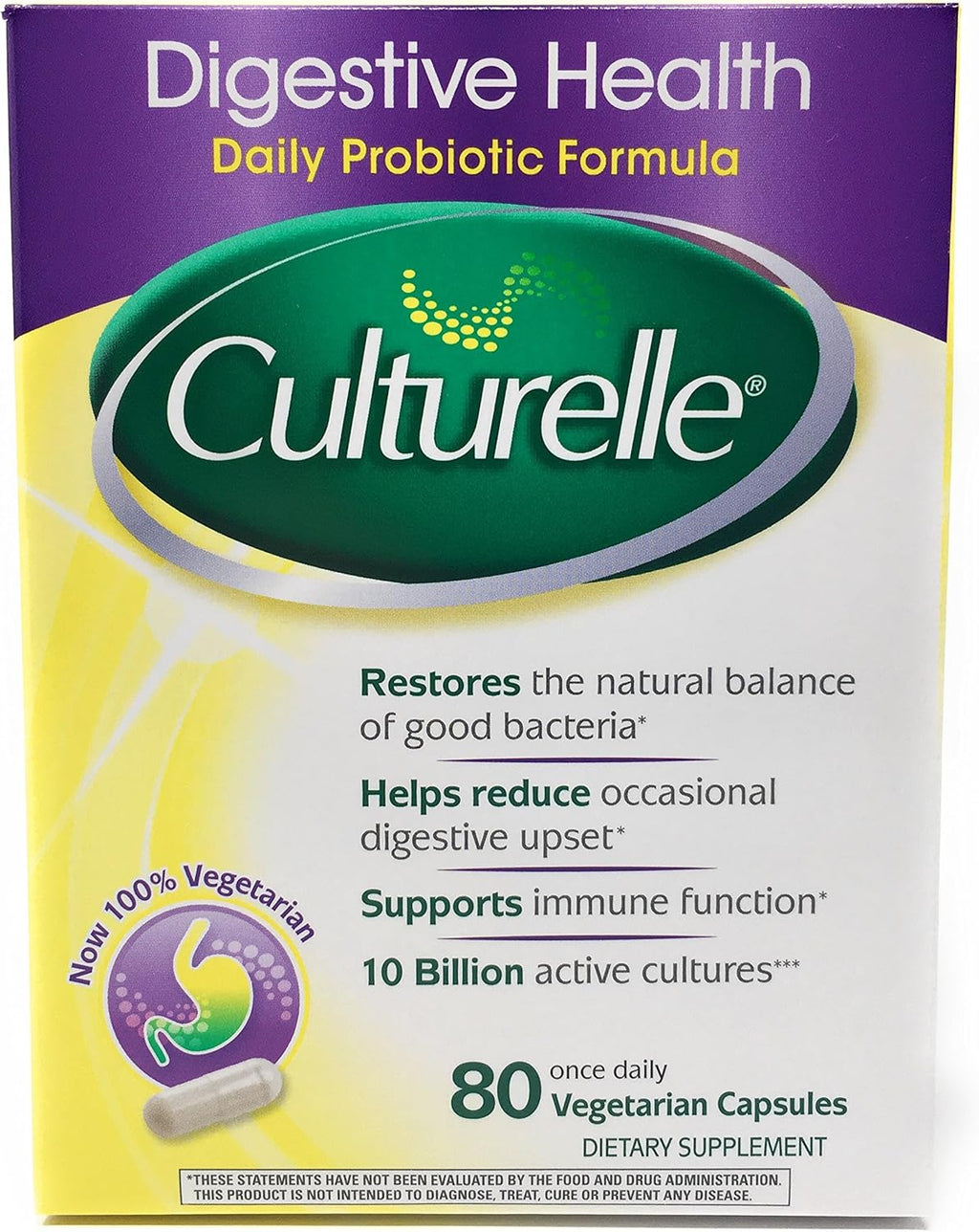 Box of Culturelle digestive health supplement with purple and green design.