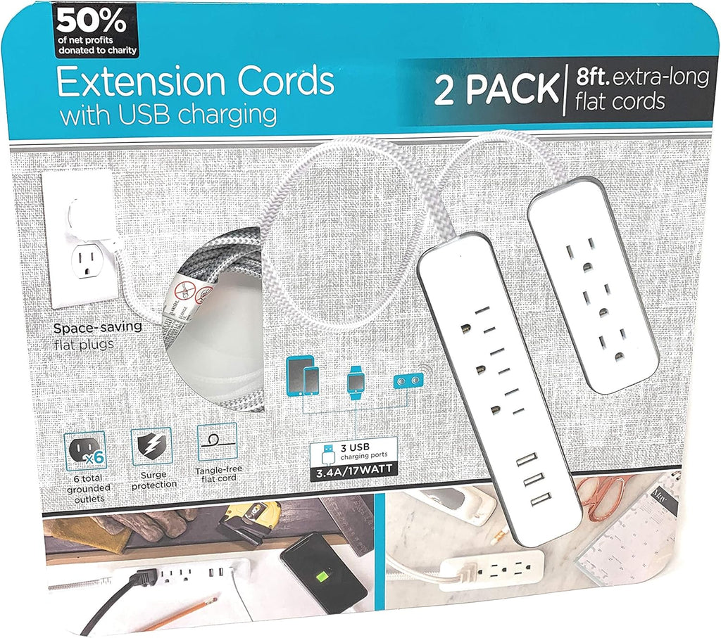 2-Pack Extension Cords with USB Fast Charging, 6 Outlets, 3 USB Ports, 3.4A, 8 ft Braided Extension Cords, Flat Plug, Dual Desktop Power Centers, ETL Listed, Gray/White, 45720