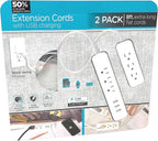 2-Pack Extension Cords with USB Fast Charging, 6 Outlets, 3 USB Ports, 3.4A, 8 ft Braided Extension Cords, Flat Plug, Dual Desktop Power Centers, ETL Listed, Gray/White, 45720