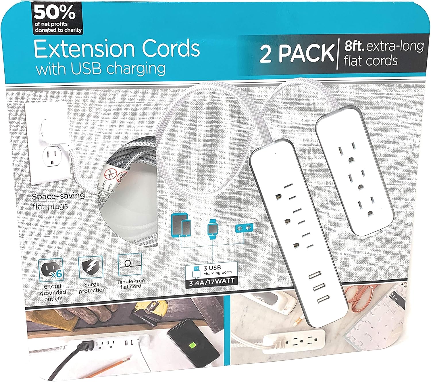 2-Pack Extension Cords with USB Fast Charging, 6 Outlets, 3 USB Ports, 3.4A, 8 ft Braided Extension Cords, Flat Plug, Dual Desktop Power Centers, ETL Listed, Gray/White, 45720
