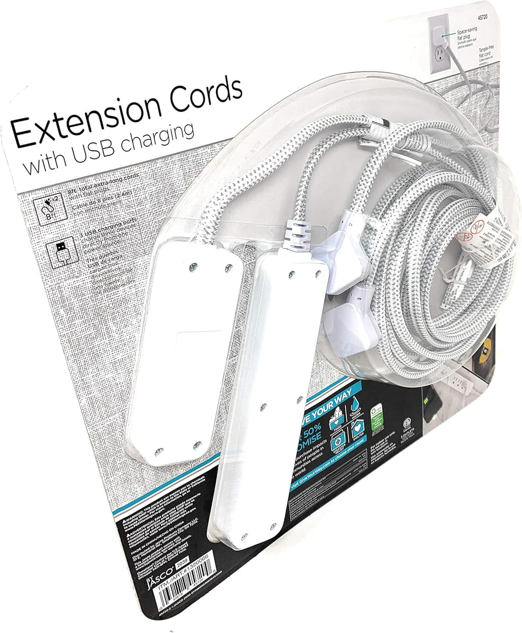 2-Pack Extension Cords with USB Fast Charging, 6 Outlets, 3 USB Ports, 3.4A, 8 ft Braided Extension Cords, Flat Plug, Dual Desktop Power Centers, ETL Listed, Gray/White, 45720