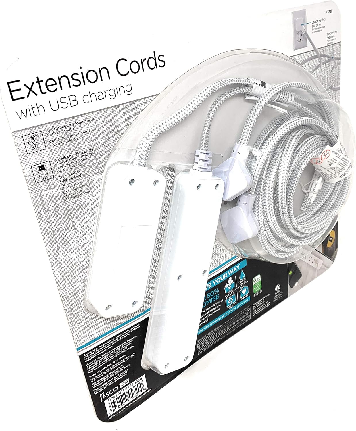 2-Pack Extension Cords with USB Fast Charging, 6 Outlets, 3 USB Ports, 3.4A, 8 ft Braided Extension Cords, Flat Plug, Dual Desktop Power Centers, ETL Listed, Gray/White, 45720