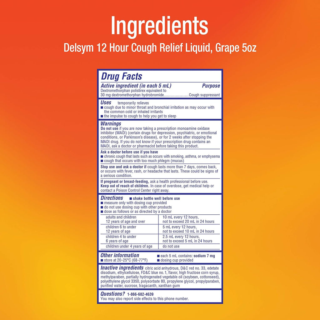 Delsym Cough Suppressant Liquid Grape Flavored, Orange, 5 Fl Oz (Pack of 1)