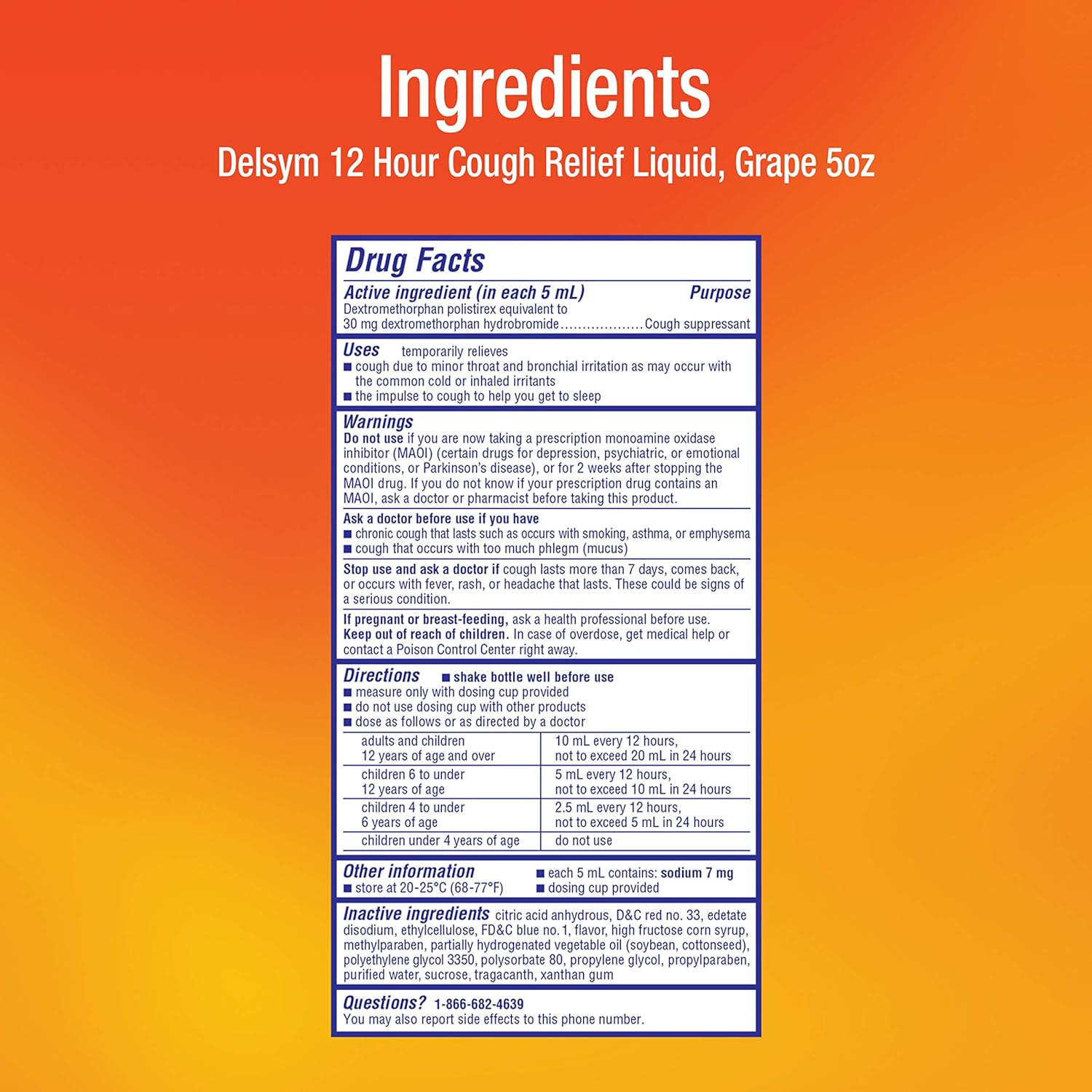 Delsym Cough Suppressant Liquid Grape Flavored, Orange, 5 Fl Oz (Pack of 1)