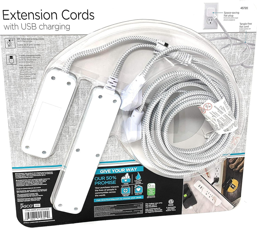 2-Pack Extension Cords with USB Fast Charging, 6 Outlets, 3 USB Ports, 3.4A, 8 ft Braided Extension Cords, Flat Plug, Dual Desktop Power Centers, ETL Listed, Gray/White, 45720