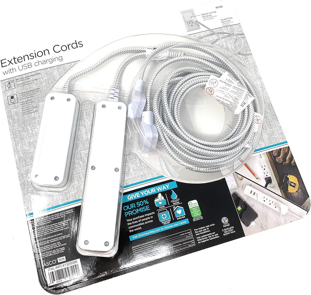 2-Pack Extension Cords with USB Fast Charging, 6 Outlets, 3 USB Ports, 3.4A, 8 ft Braided Extension Cords, Flat Plug, Dual Desktop Power Centers, ETL Listed, Gray/White, 45720