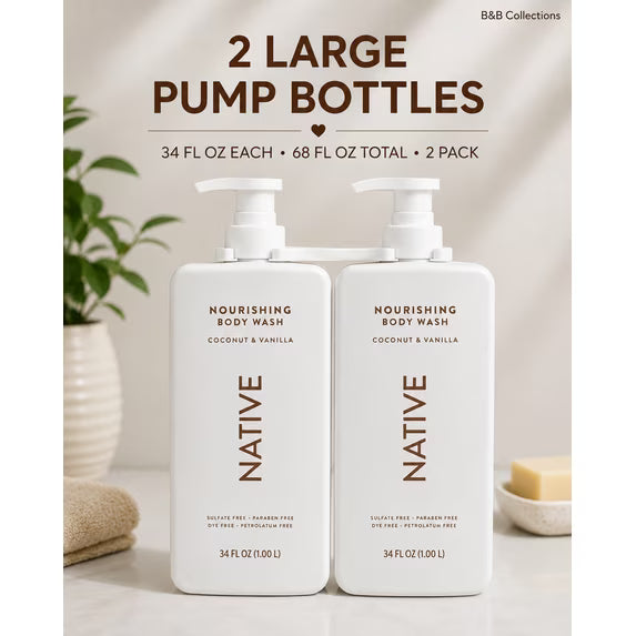 Native Nourishing Body Wash, Coconut & Vanilla, Sulfate Free & Paraben Free, 34 fl oz, 2 Pack (68 fl oz Total)