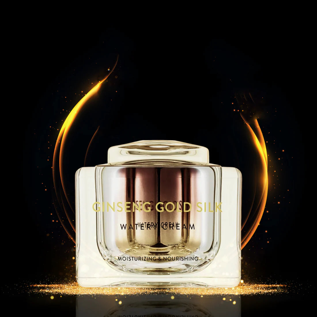 Cosmetic cream jar labeled 'Ginseng Gold Silk' on a dark background with glowing effects.