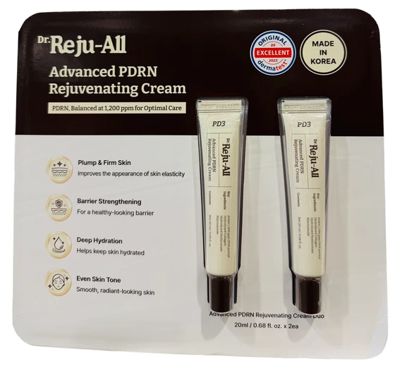 Dr. Reju-All Advanced PDRN Rejuvenating Cream 20ml tube set in its retail packaging, featuring two cream tubes with black caps on a white and dark brown card with product benefits and certification logos.