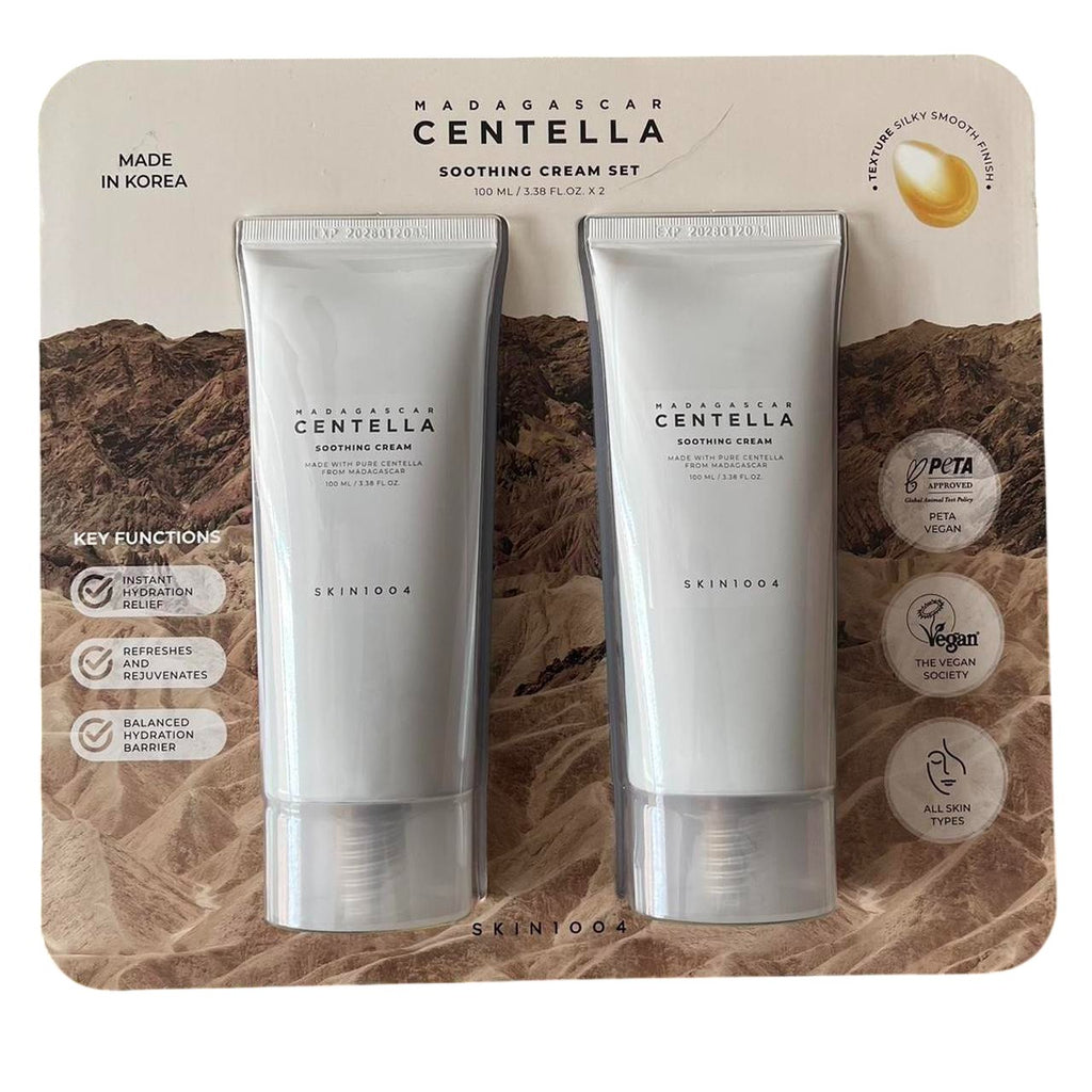 Two tubes of Skinfood Madagascar Centella Soothing Cream on a branded packaging background.