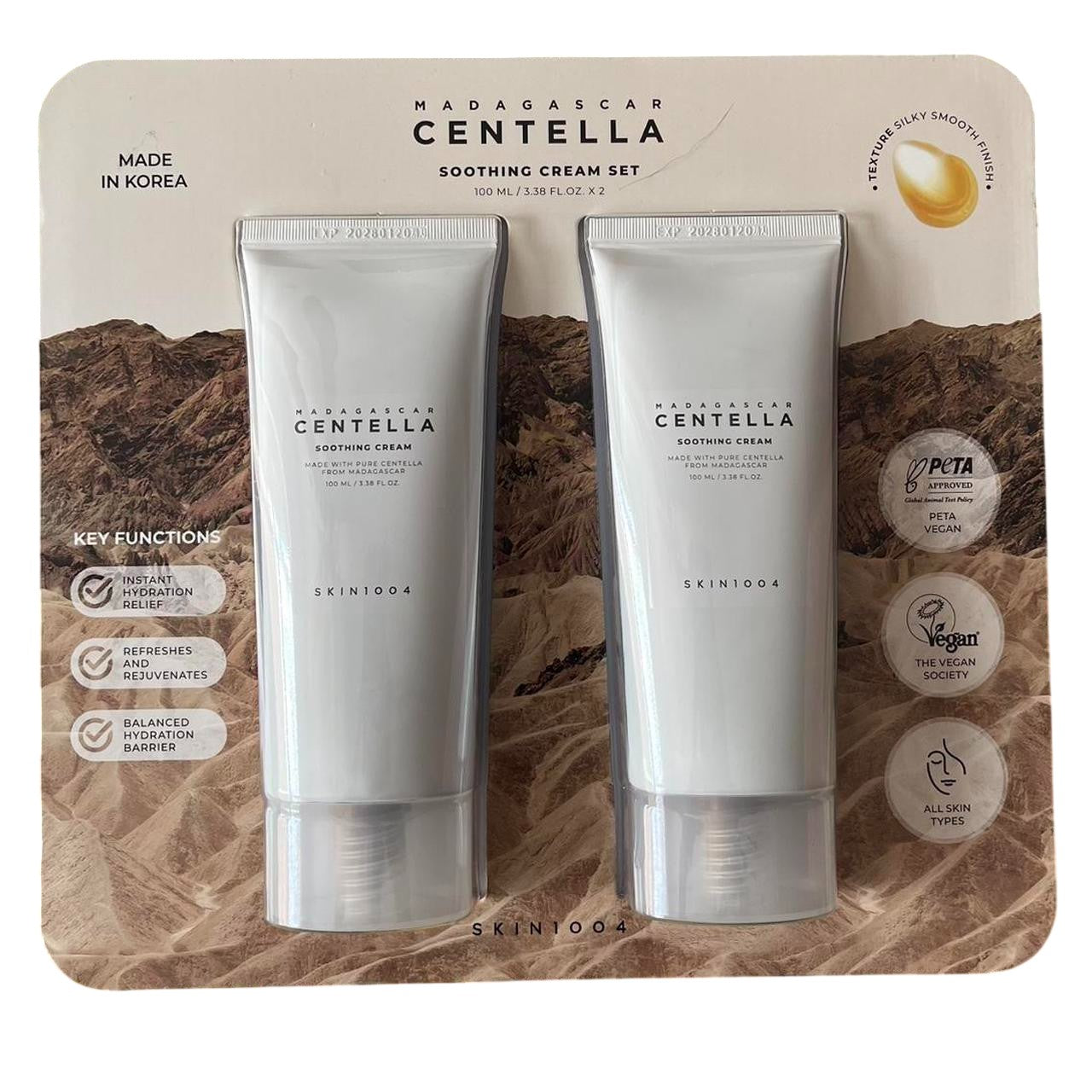 Two tubes of Skinfood Madagascar Centella Soothing Cream on a branded packaging background.