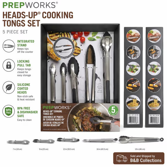 PREPWORKS Heads-Up Cooking Tongs Set packaging with tongs displayed and features listed.